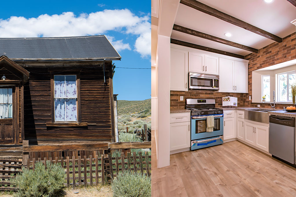 exterior of a home in the country vs a new interior kitchen side by side